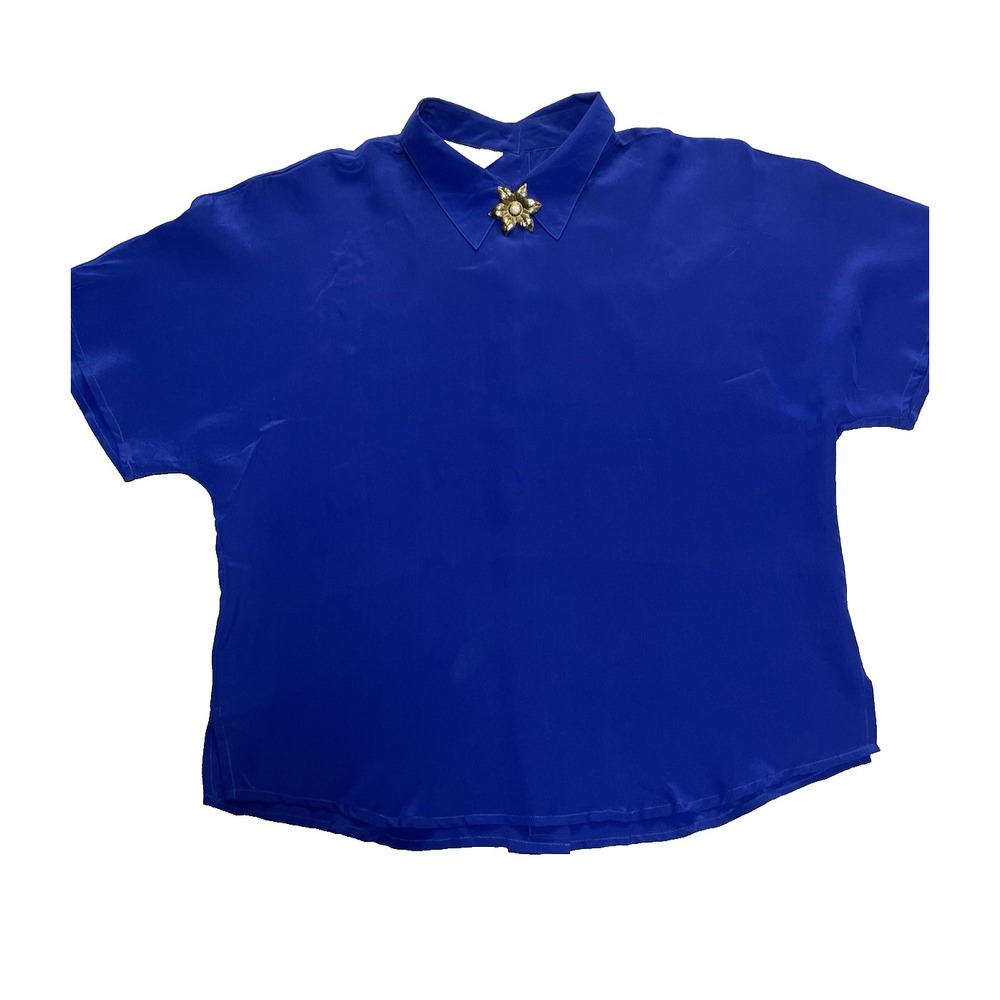 Royal blue short-sleeved collared women's blouse.
